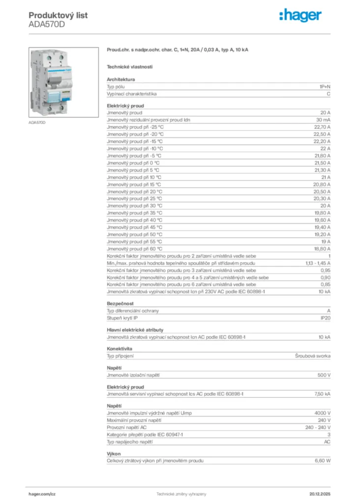 Obrázek Hager Produktový list ADA570D | Hager