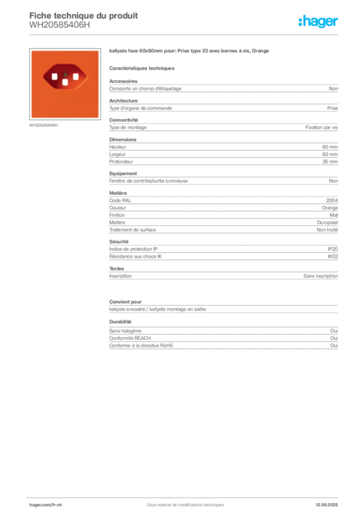 Image Hager Fiche technique du produit WH20585406H | Hager Suisse