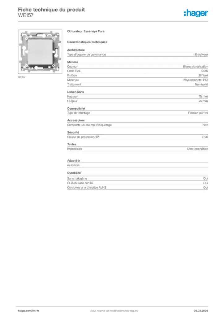 Image Hager Fiche technique du produit WE157 | Hager Afrique