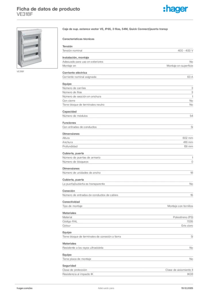 Imagen Hager Ficha de datos de producto VE318F | Hager España