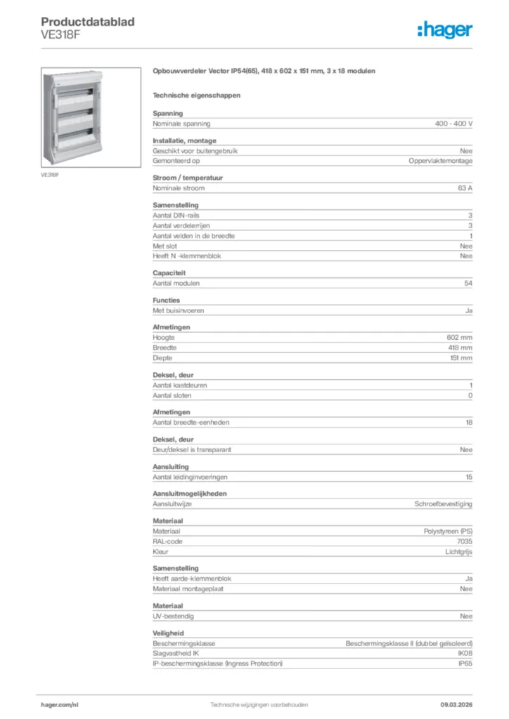 Afbeelding Hager Productdatablad VE318F | Hager Nederland