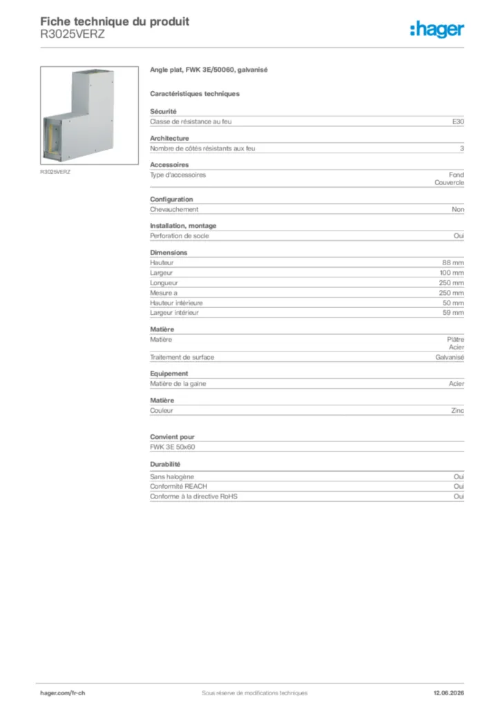 Image Hager Fiche technique du produit R3025VERZ | Hager Suisse