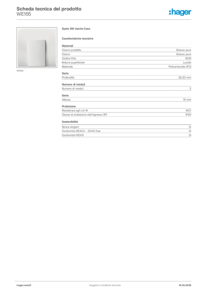 Immagine Hager Scheda tecnica del prodotto WE155 | Hager Italia