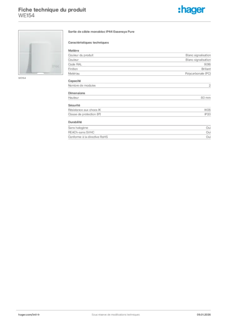 Image Hager Fiche technique du produit WE154 | Hager Afrique