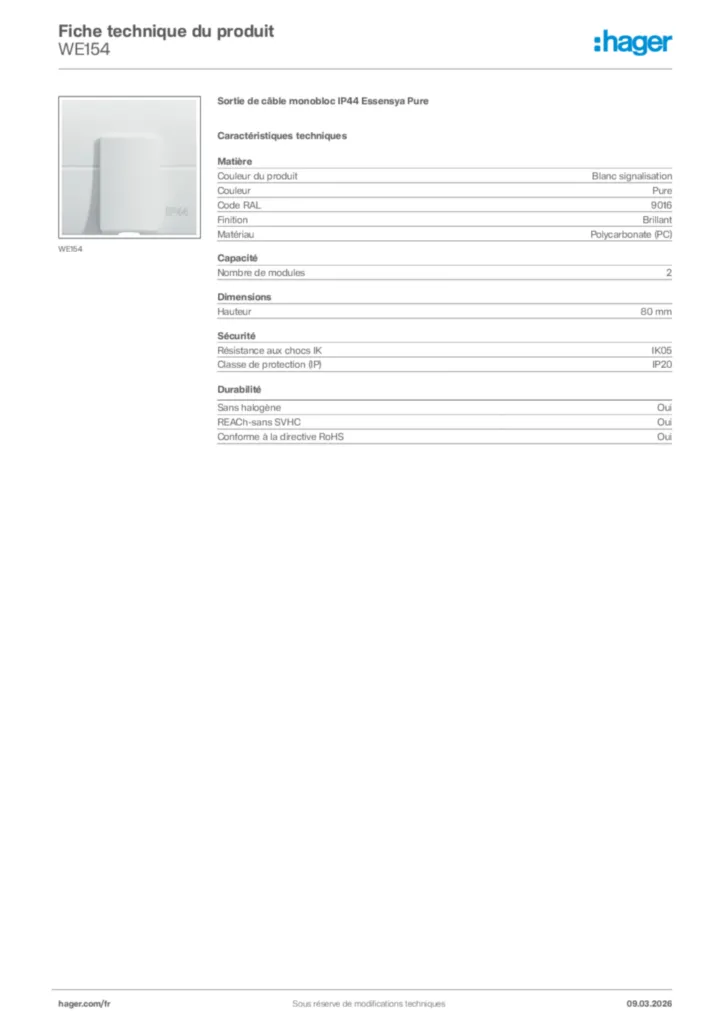 Image Hager Fiche technique du produit WE154 | Hager France