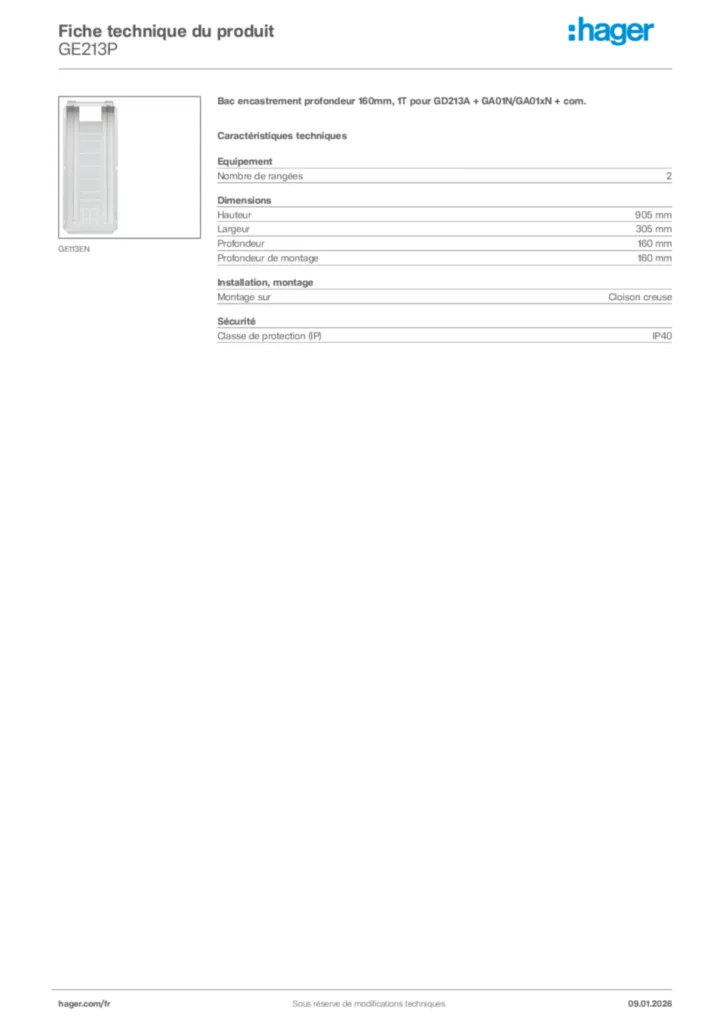 Image Hager Fiche technique du produit GE213P | Hager France