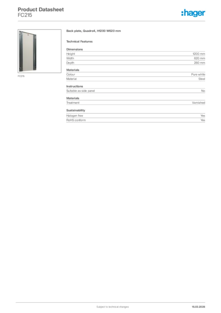 Image Hager Product data sheet FC215  | Hager Africa