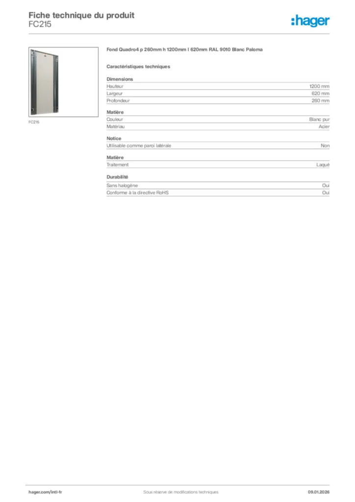 Image Hager Fiche technique du produit FC215 | Hager Afrique