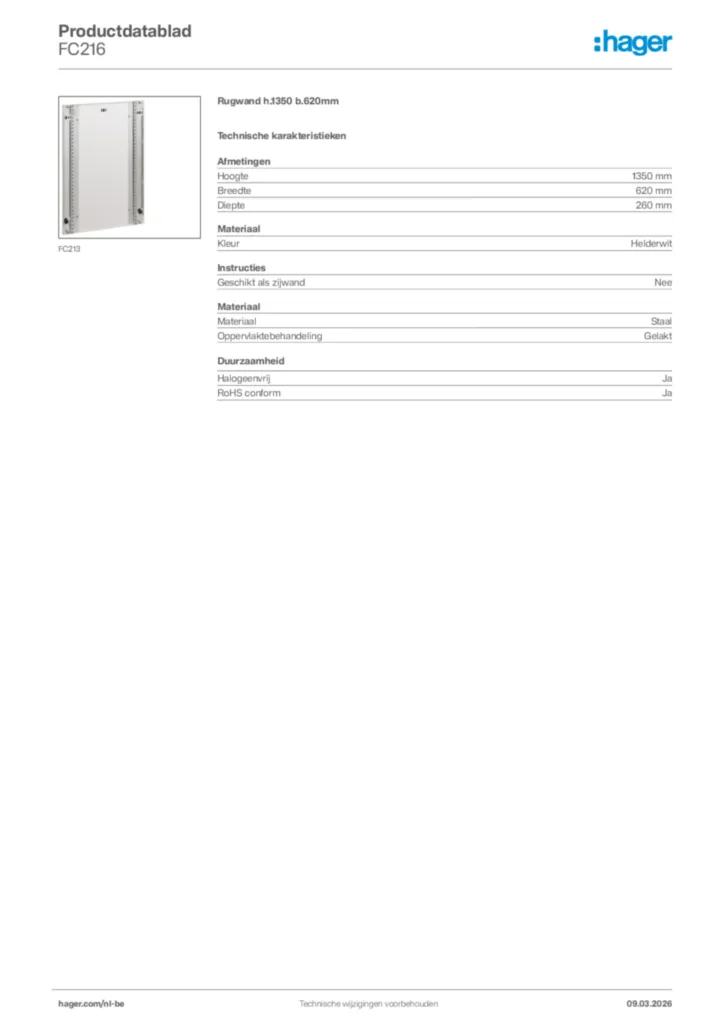 Afbeelding Hager Productdatablad FC216 | Hager Belgium