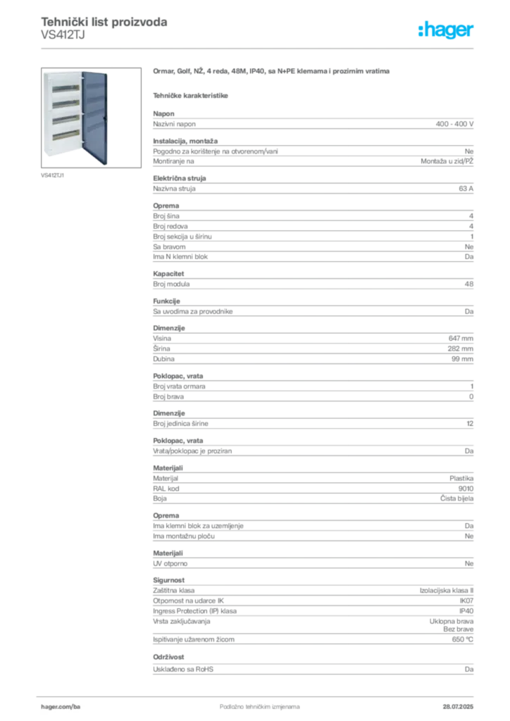 Slika Hager Product data sheet VS412TJ  | Hager