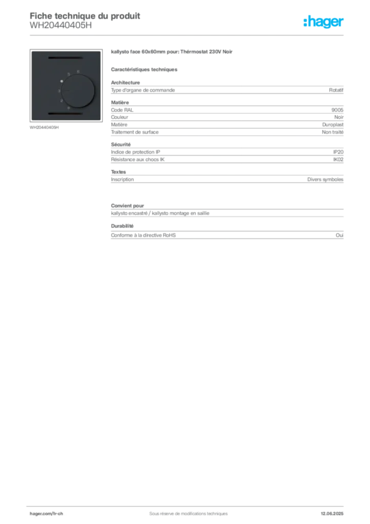 Image Hager Fiche technique du produit WH20440405H | Hager Suisse