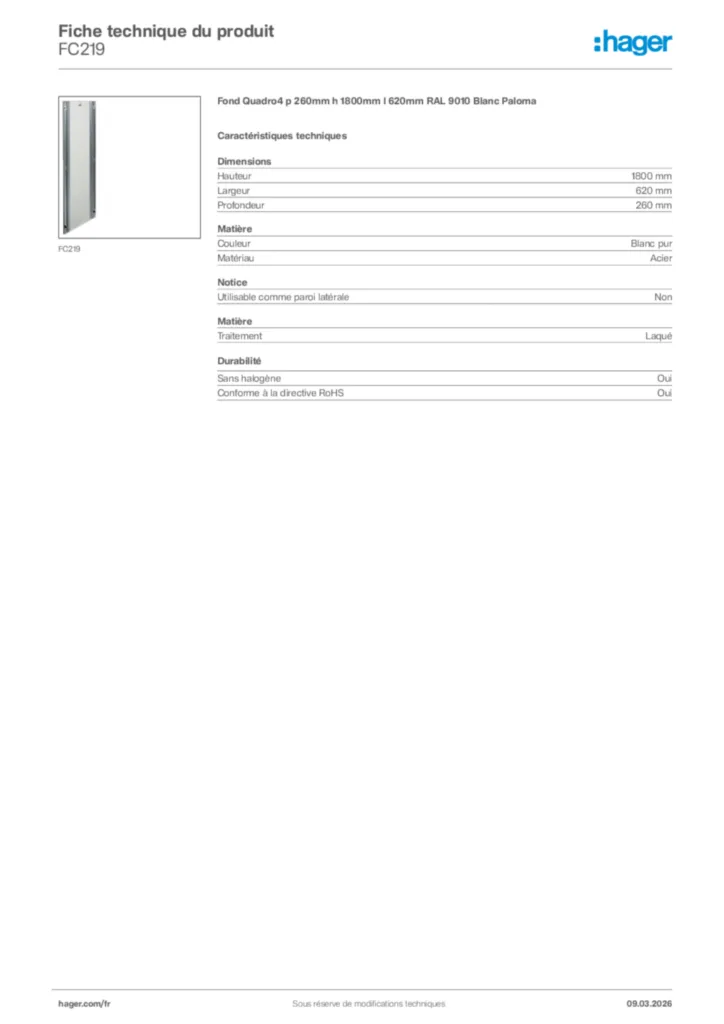Image Hager Fiche technique du produit FC219 | Hager France