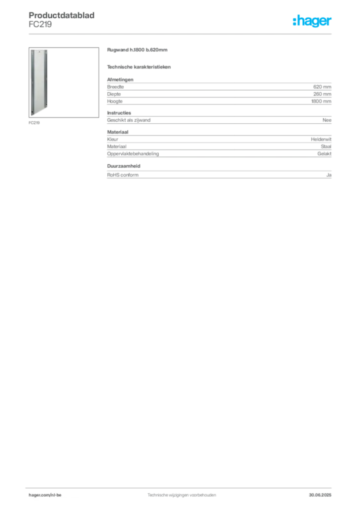 Afbeelding Hager Productdatablad FC219 | Hager Belgium