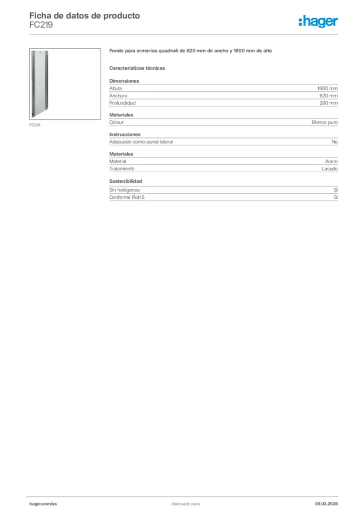 Imagen Hager Ficha de datos de producto FC219 | Hager España