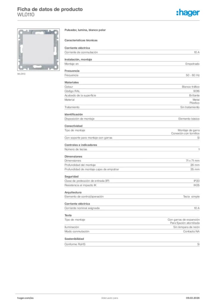 Imagen Hager Ficha de datos de producto WL0110 | Hager España