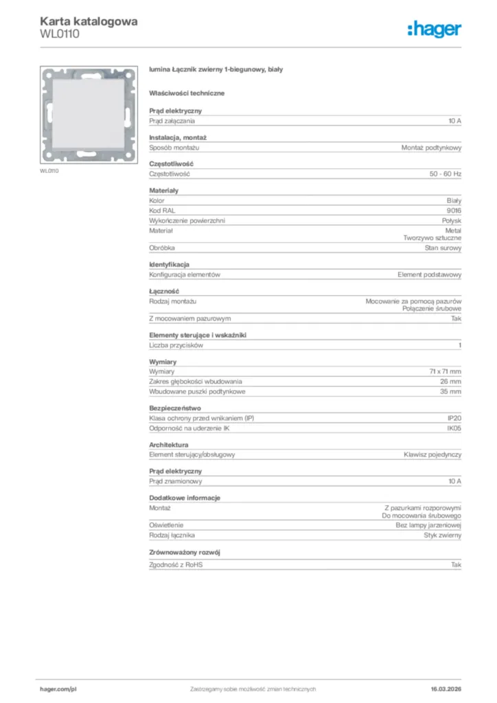 Zdjęcie Hager Karta katalogowa WL0110 | Hager Polska