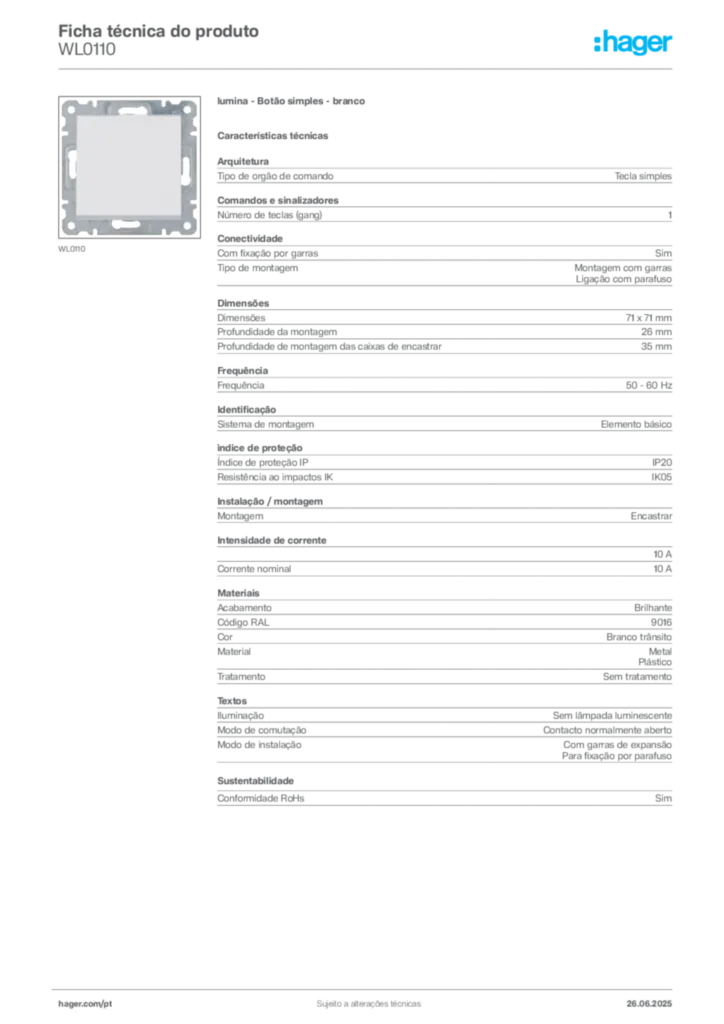 Imagem Hager Ficha técnica do produto WL0110 | Hager Portugal