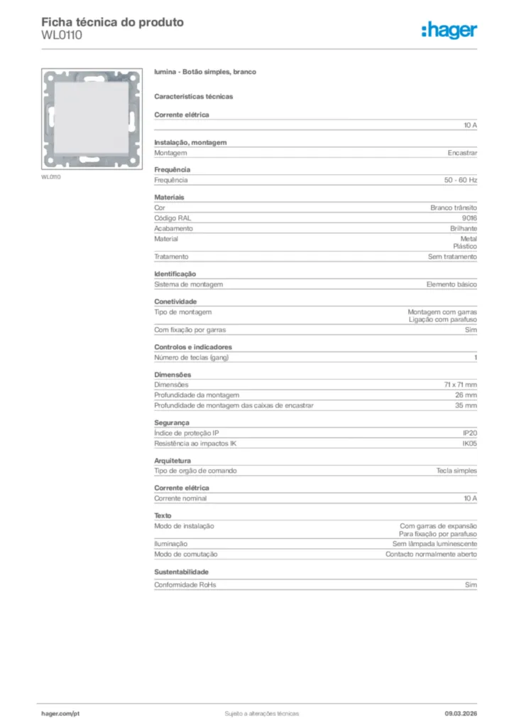 Imagem Hager Ficha técnica do produto WL0110 | Hager Portugal