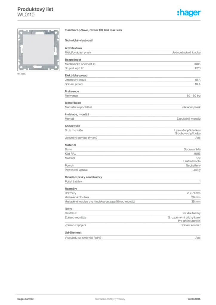 Obrázek Hager Produktový list WL0110 | Hager