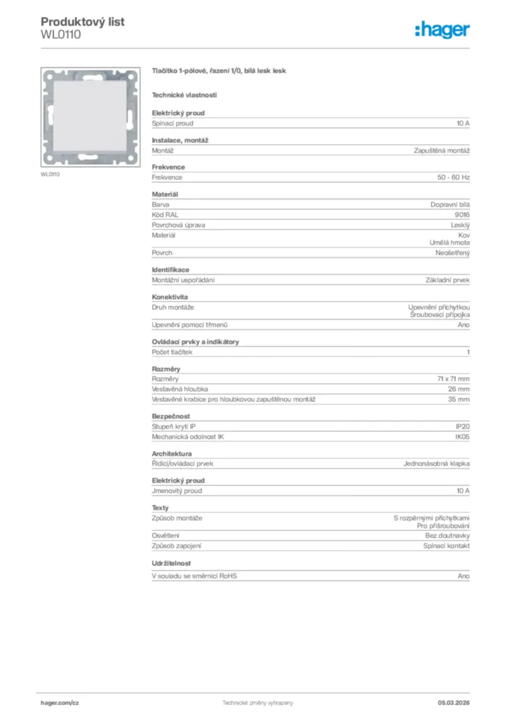 Obrázek Hager Product data sheet WL0110 | Hager