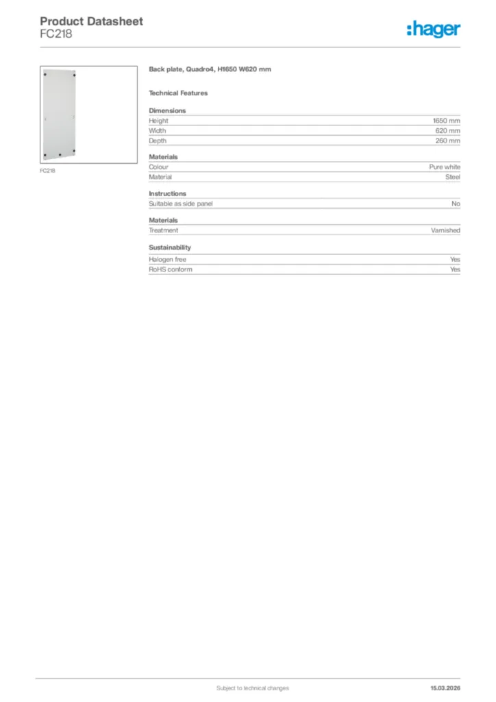 Image Hager Product data sheet FC218  | Hager Africa