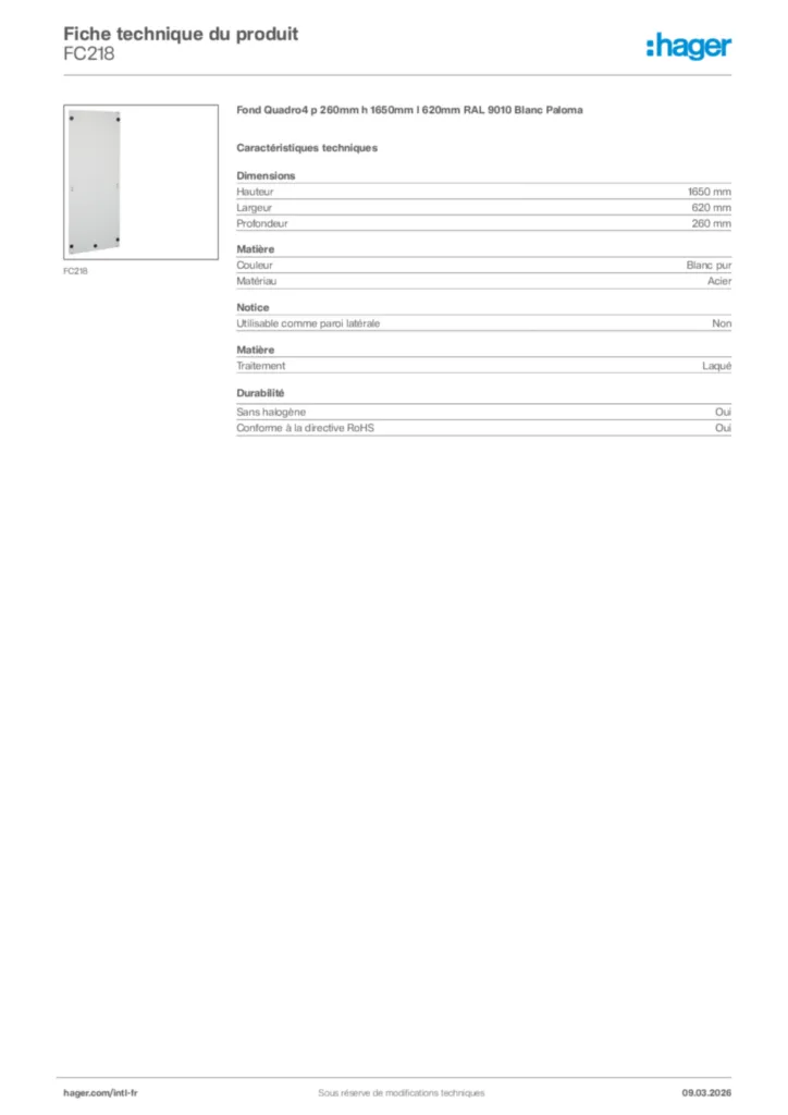 Image Hager Fiche technique du produit FC218 | Hager Afrique