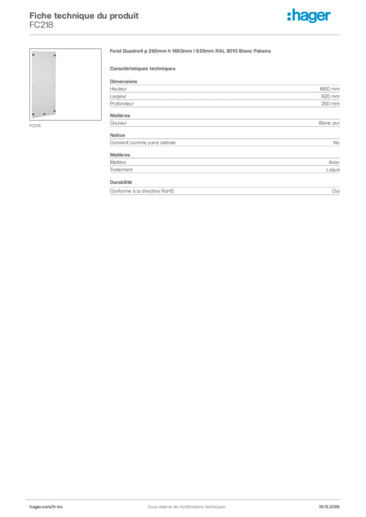 Image Hager Fiche technique du produit FC218 | Hager Belgique