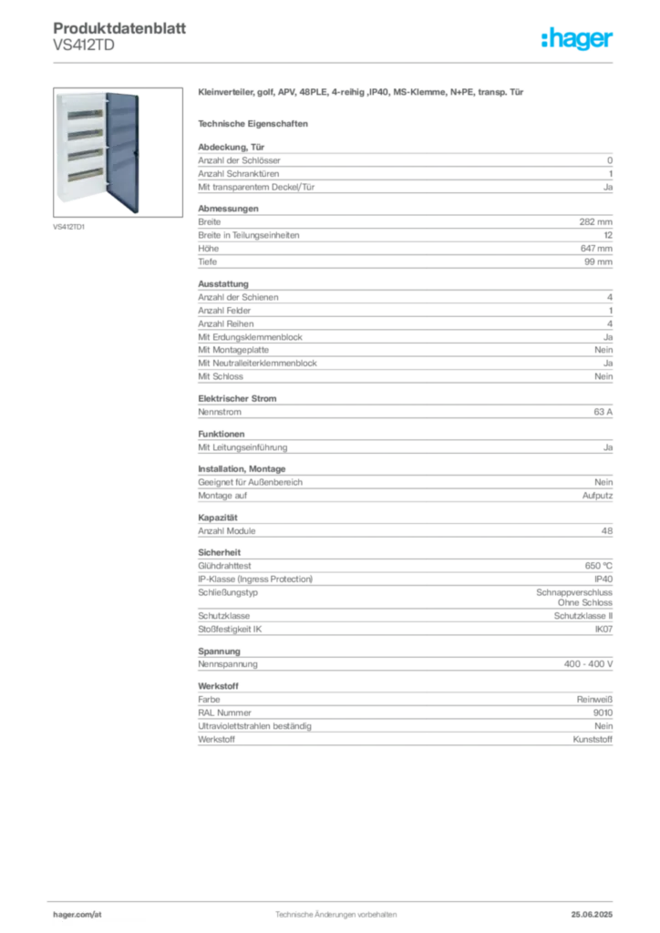 Bild Hager Produktdatenblatt VS412TD | Hager Deutschland
