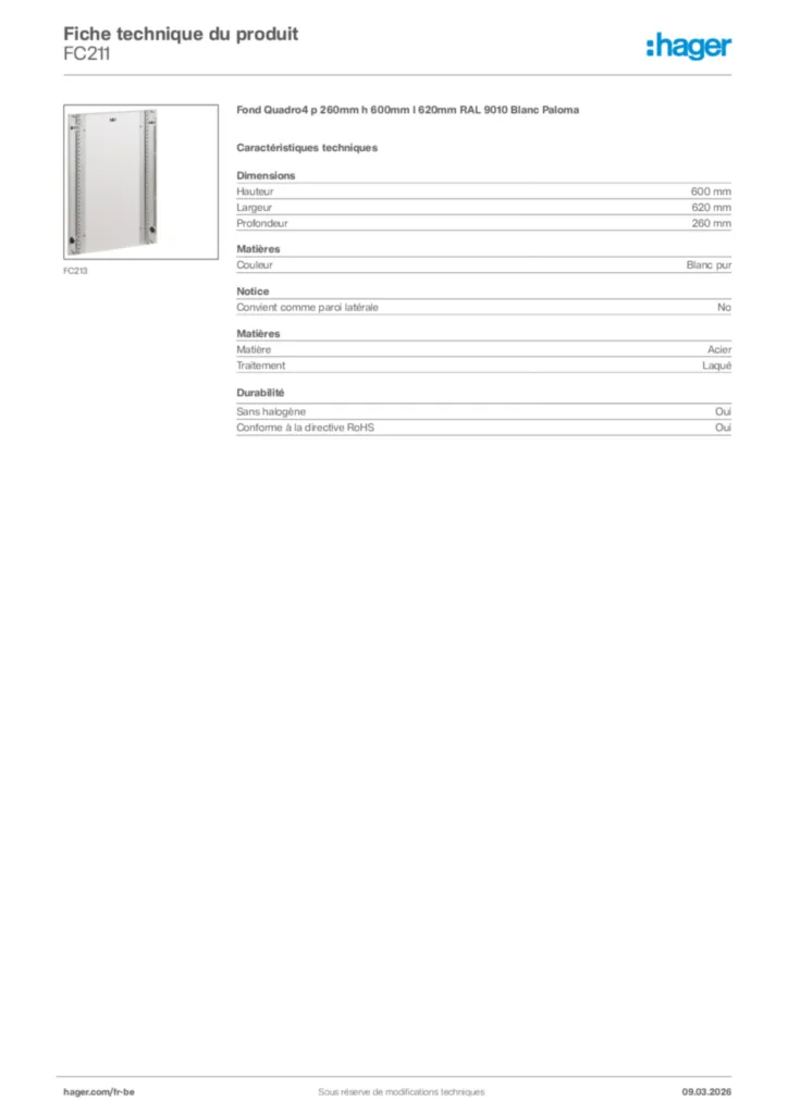 Image Hager Fiche technique du produit FC211 | Hager Belgique