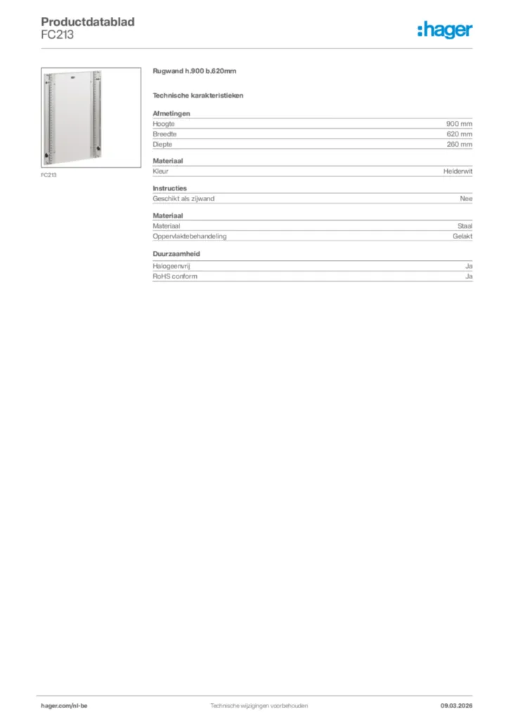 Afbeelding Hager Productdatablad FC213 | Hager Belgium