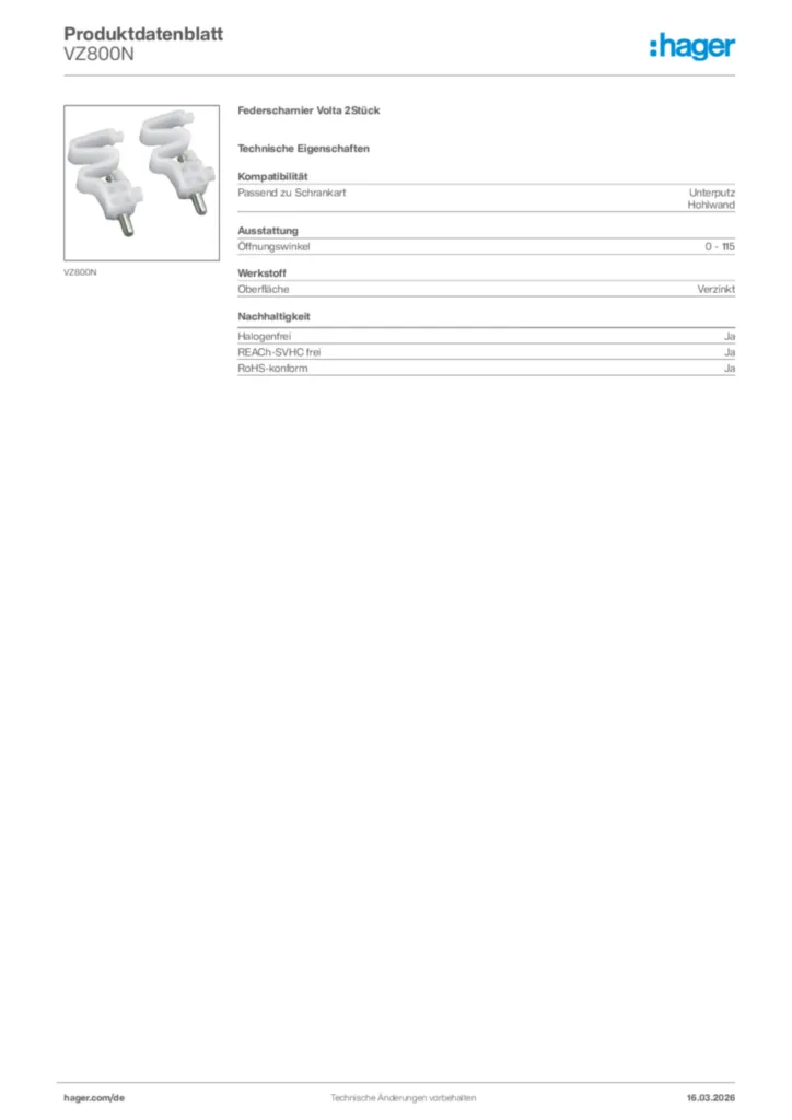 Bild Hager Produktdatenblatt VZ800N | Hager Deutschland