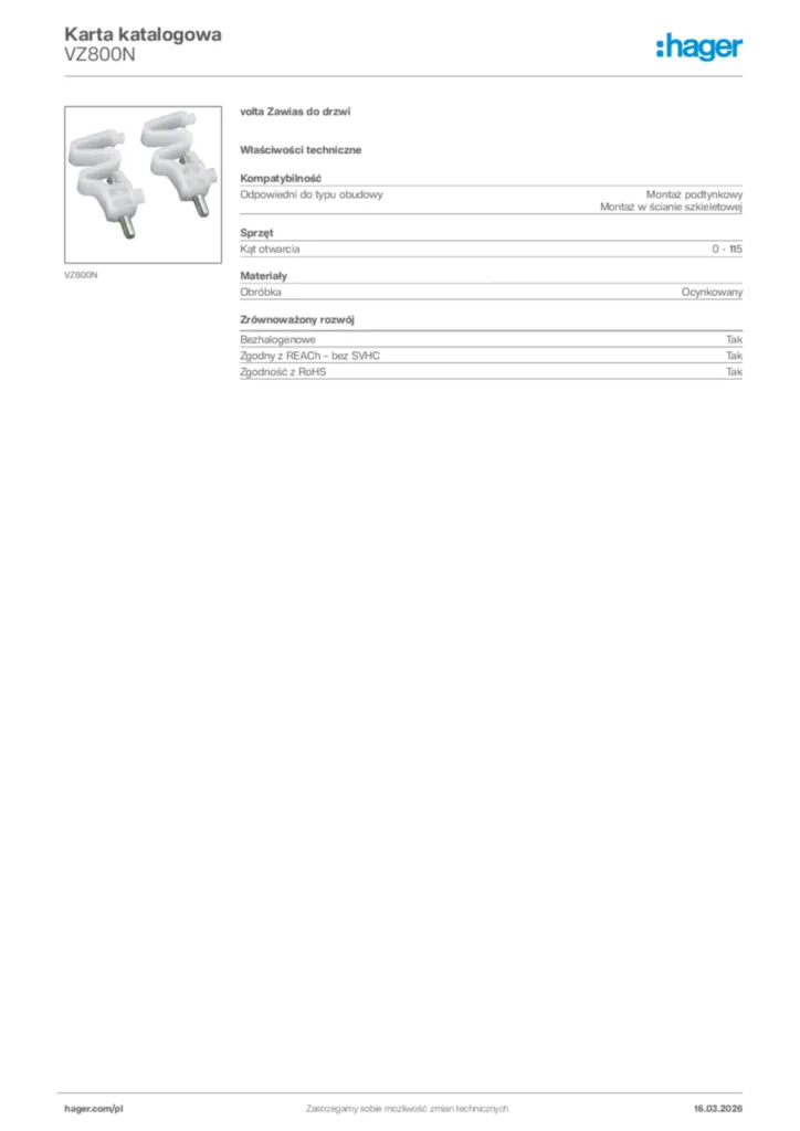Zdjęcie Hager Karta katalogowa VZ800N | Hager Polska