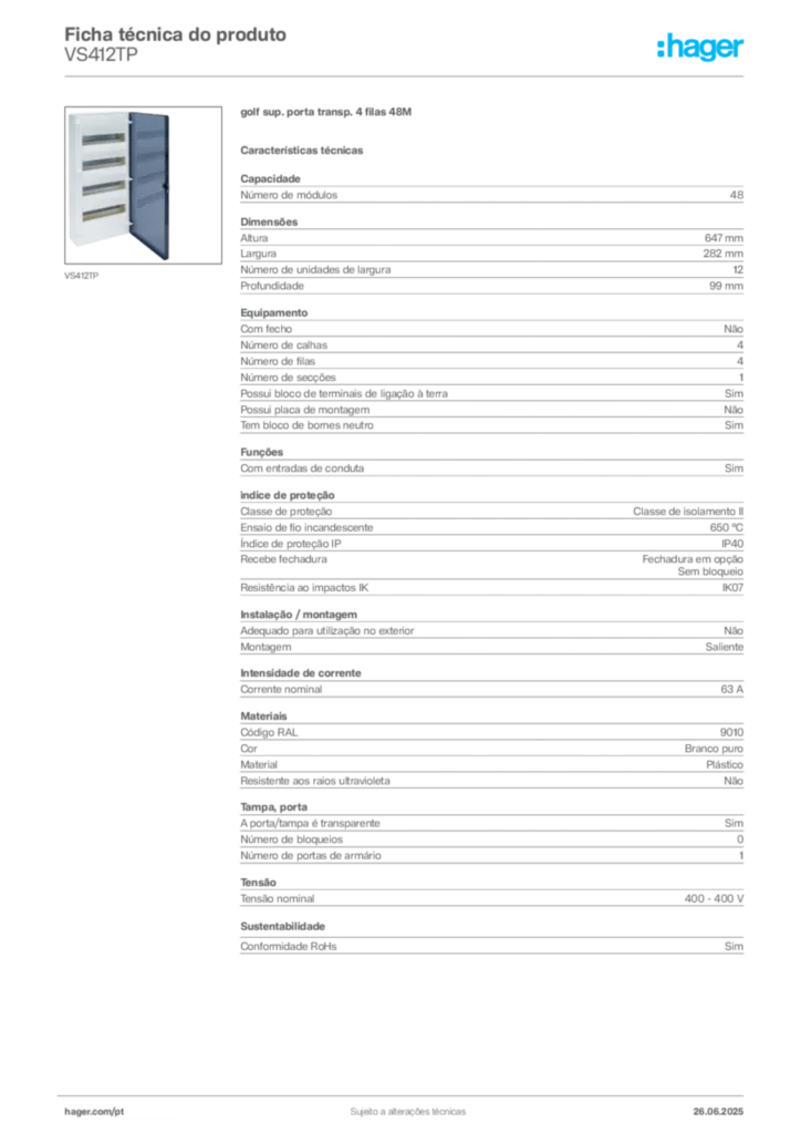 Imagem Hager Ficha técnica do produto VS412TP | Hager Portugal