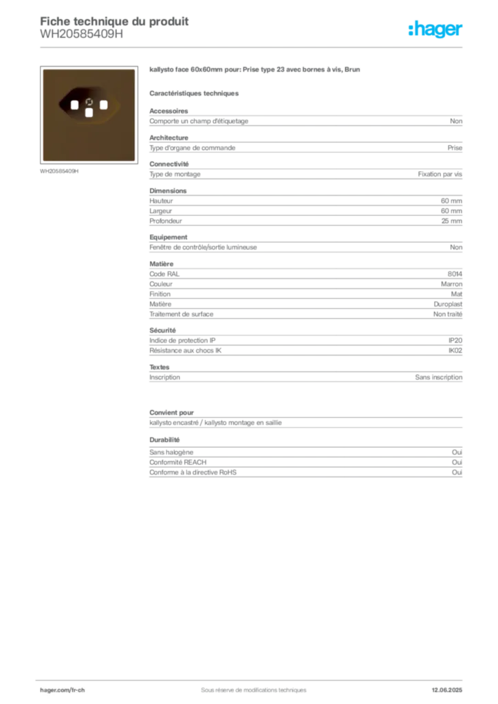 Image Hager Fiche technique du produit WH20585409H | Hager Suisse