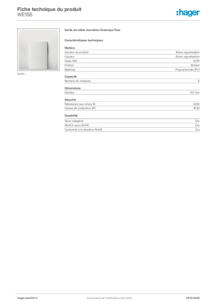 Image Hager Fiche technique du produit WE155 | Hager Afrique