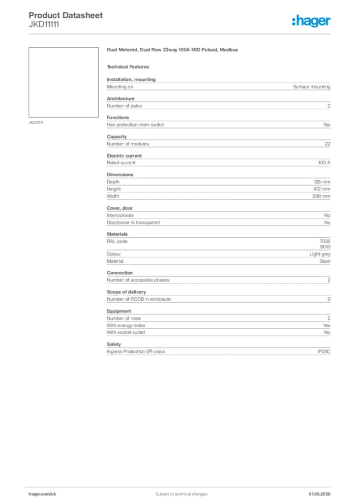 Image Hager Product data sheet JKD11111  | Hager