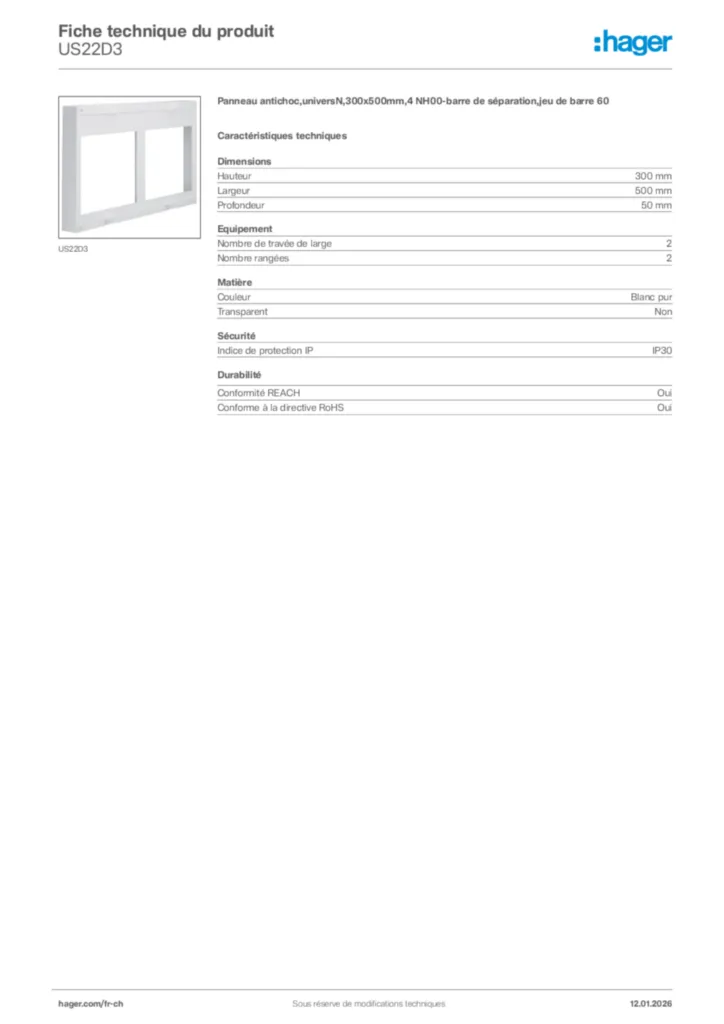 Image Hager Fiche technique du produit US22D3 | Hager Suisse