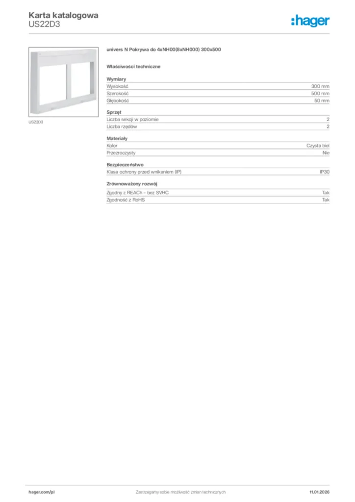 Zdjęcie Hager Karta katalogowa US22D3 | Hager Polska