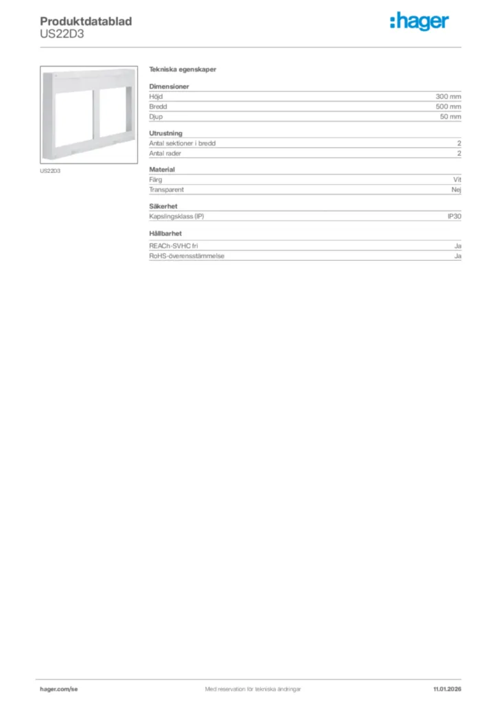 Bild Hager Produktdatablad US22D3 | Hager Sverige