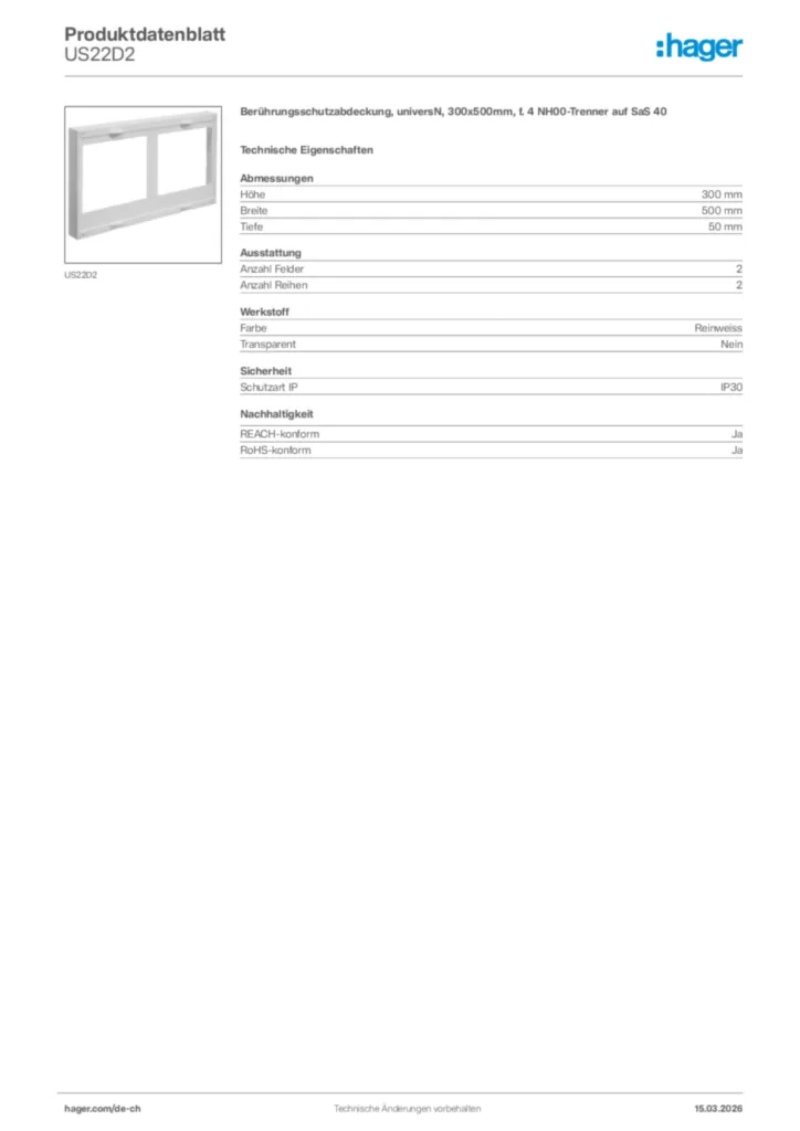Bild Hager Produktdatenblatt US22D2 | Hager Schweiz