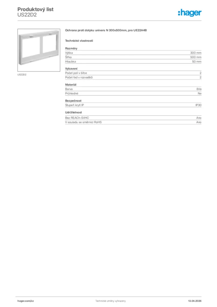 Obrázek Hager Product data sheet US22D2 | Hager
