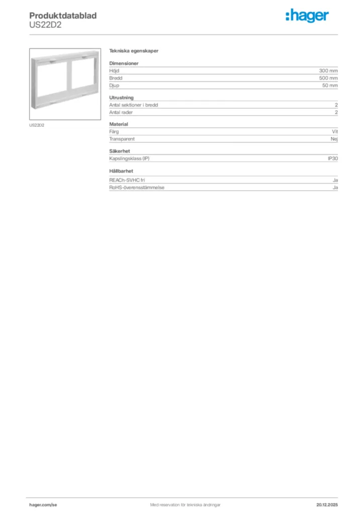 Bild Hager Produktdatablad US22D2 | Hager Sverige