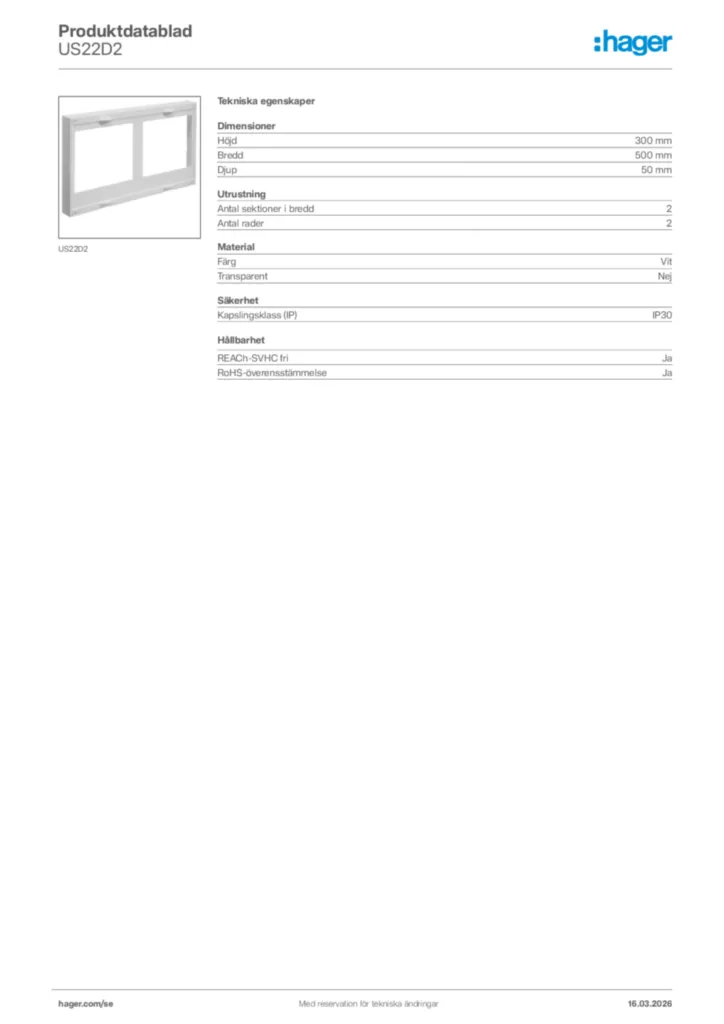 Bild Hager Produktdatablad US22D2 | Hager Sverige