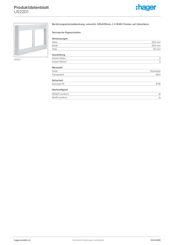 Bild Hager Produktdatenblatt US22D1 | Hager Schweiz