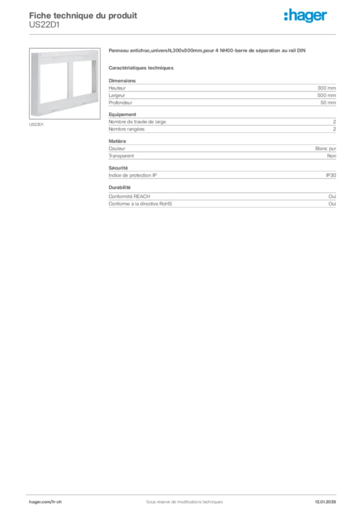 Image Hager Fiche technique du produit US22D1 | Hager Suisse