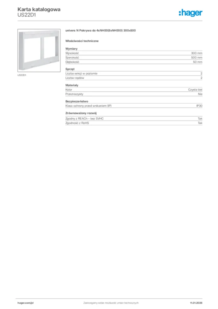 Zdjęcie Hager Karta katalogowa US22D1 | Hager Polska