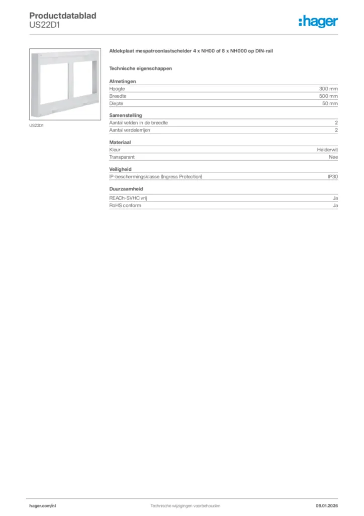 Afbeelding Hager Productdatablad US22D1 | Hager Nederland