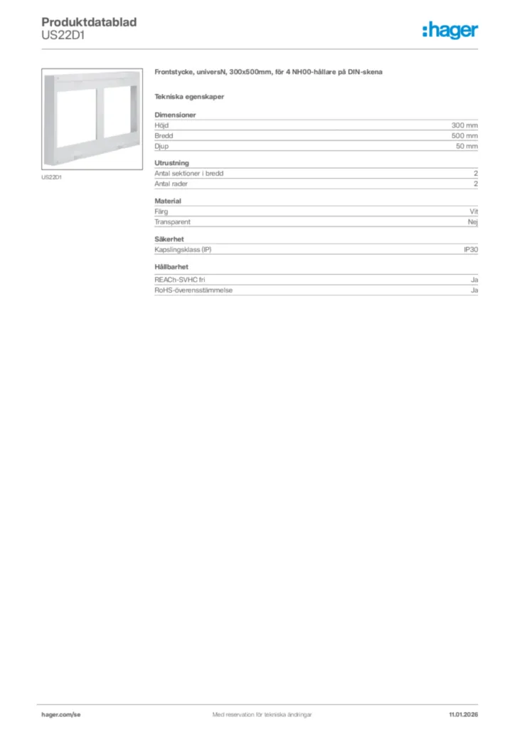 Bild Hager Produktdatablad US22D1 | Hager Sverige