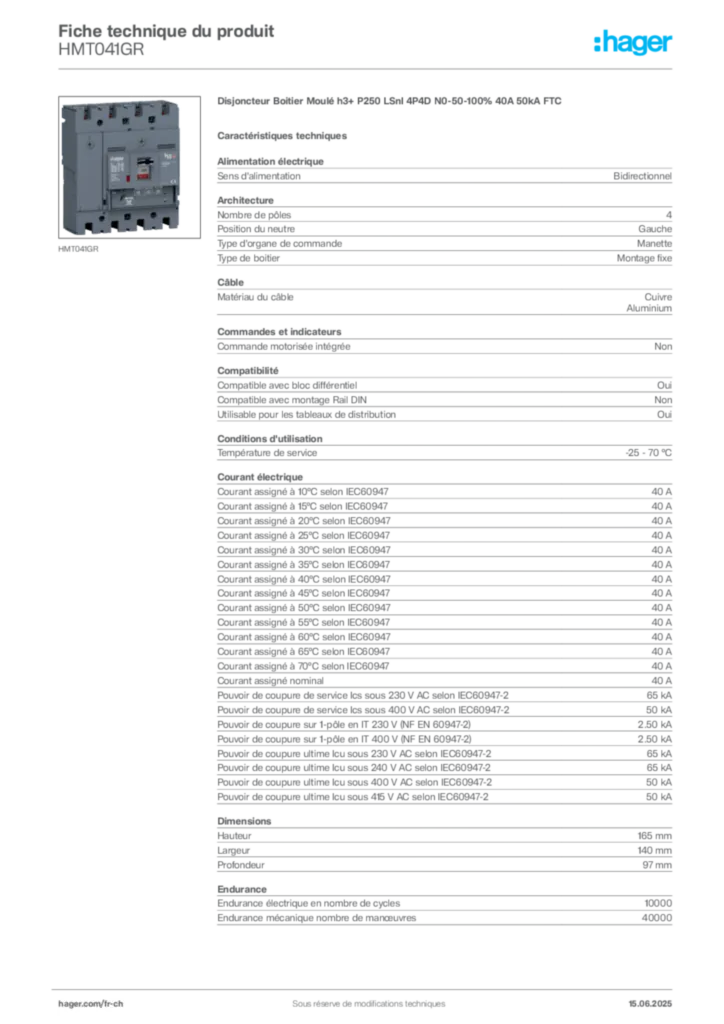Image Hager Fiche technique du produit HMT041GR | Hager Suisse