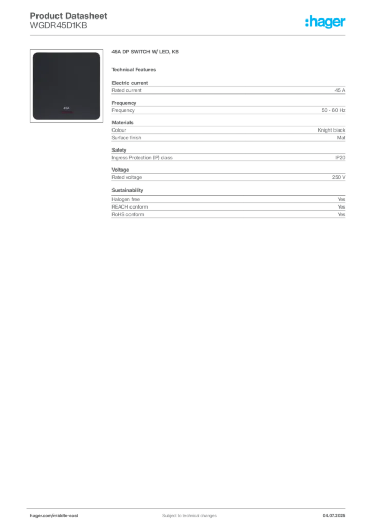 Image Hager Product data sheet WGDR45D1KB  | Hager